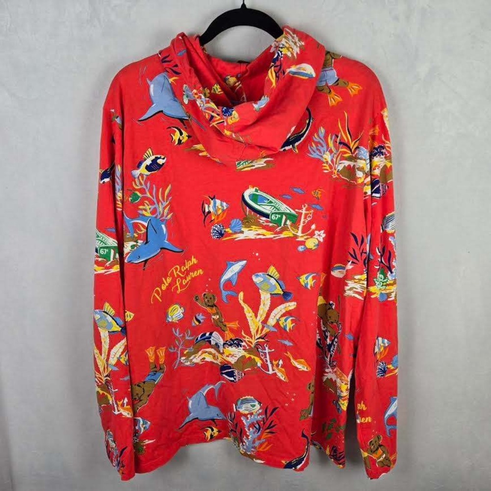 Polo Ralph Lauren Scuba Beach Bear XL Mens Tropical Print Hoodie Red Lightweight - Picture 2 of 8